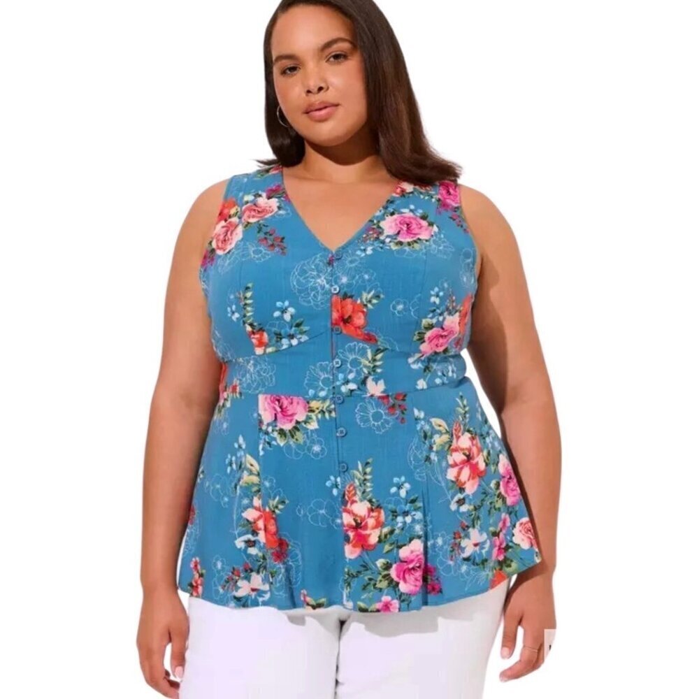Torrid Floral Tank Blouse Sz.2 2XL Blue Sleeveless Peplum Boho Cottage Feminine